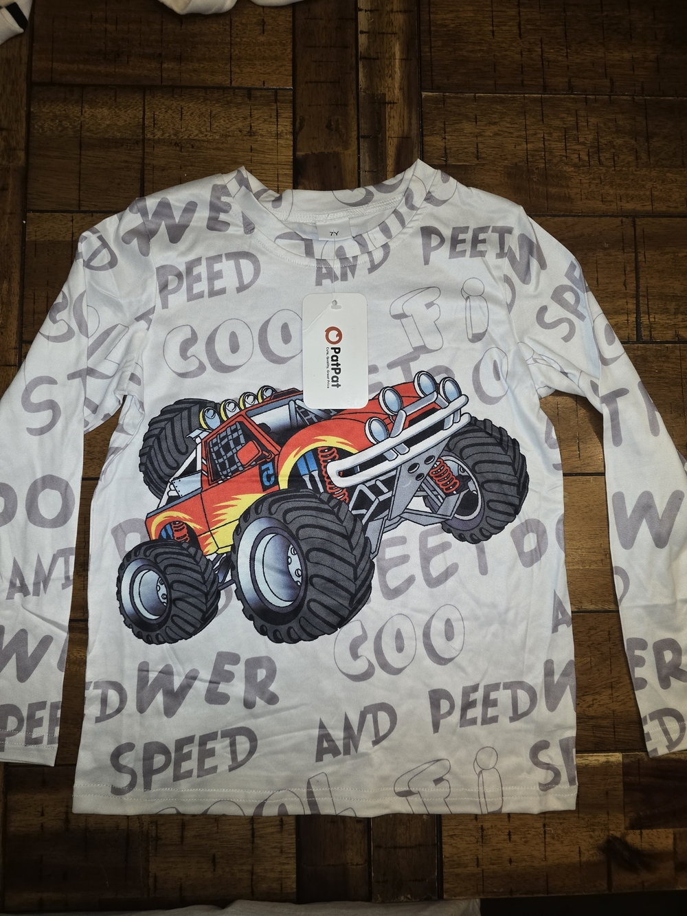 PatPat White Long Sleeve Tee with Red & Yellow Monster Truck Graphic - Picture 1 of 1